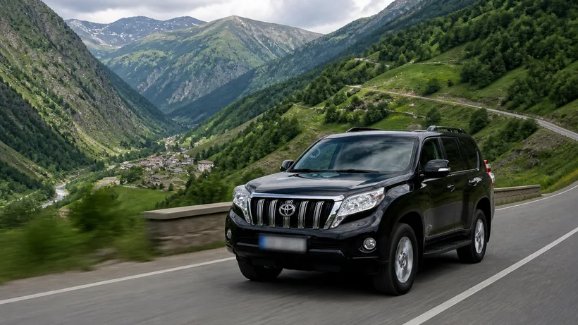 A scenic shot of a Bent car driving on the winding road toward Mestia, surrounded by lush green mountains and deep valleys.