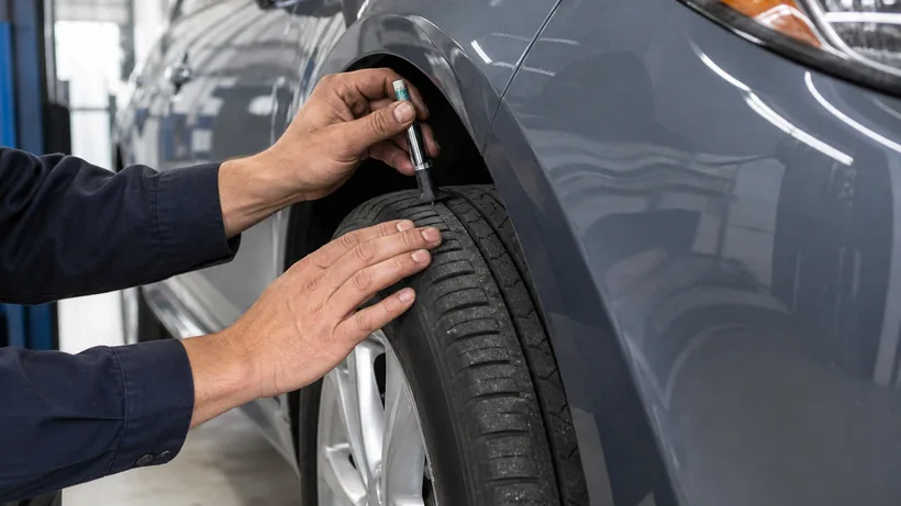 A mechanic inspecting the tire tread on a modern vehicle, emphasizing safety and rigorous maintenance over cost-cutting.