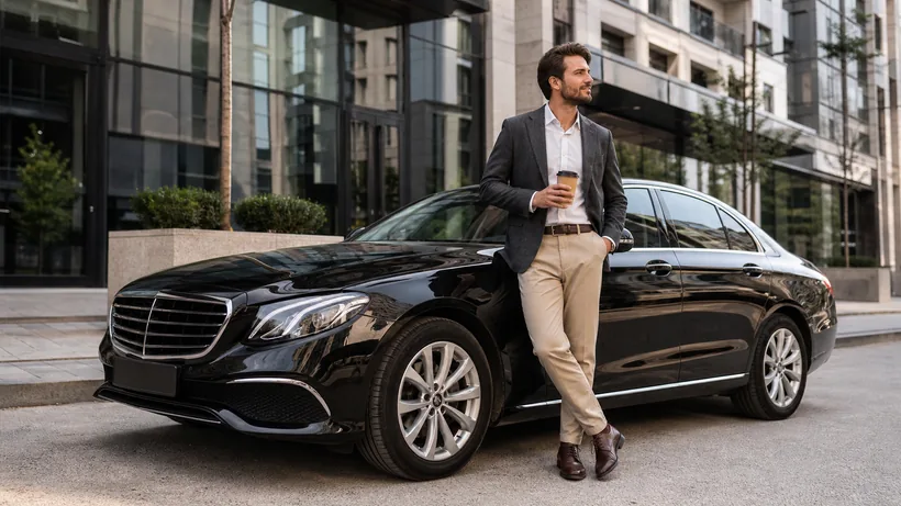 A businessman standing beside a premium Bent sedan in central Tbilisi, holding a coffee and looking relaxed in a city lifestyle setting.