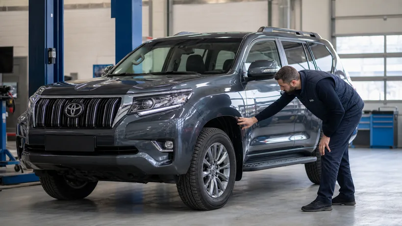 A Bent fleet manager inspecting a premium SUV in a clean service bay, emphasizing maintenance and reliability.