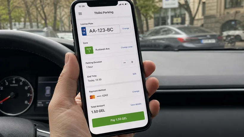 A close-up of a smartphone screen showing the Tbilisi Parking app interface, with the car's license plate entered, held against the backdrop of a steering wheel.